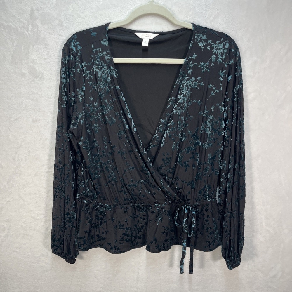 Lauren Conrad Velvet Burnout Wrap Top Womens Large Floral Black Green Whimsigoth